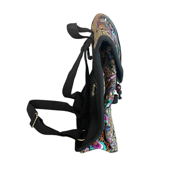 Black Multicolored Floral Embroidered Boho Backpack Small 12x9x4 Canvas - Picture 2 of 7